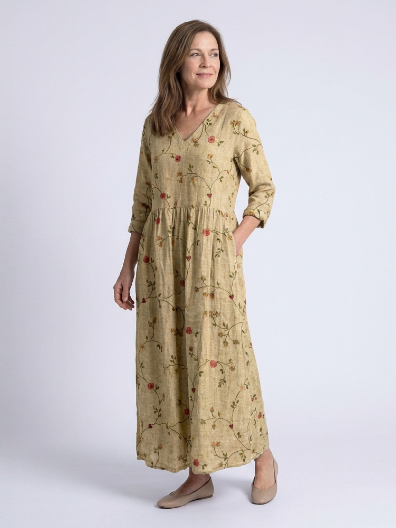 Marina | Vestido Maxi Floral con Escote en V y Manga Tres Cuartos