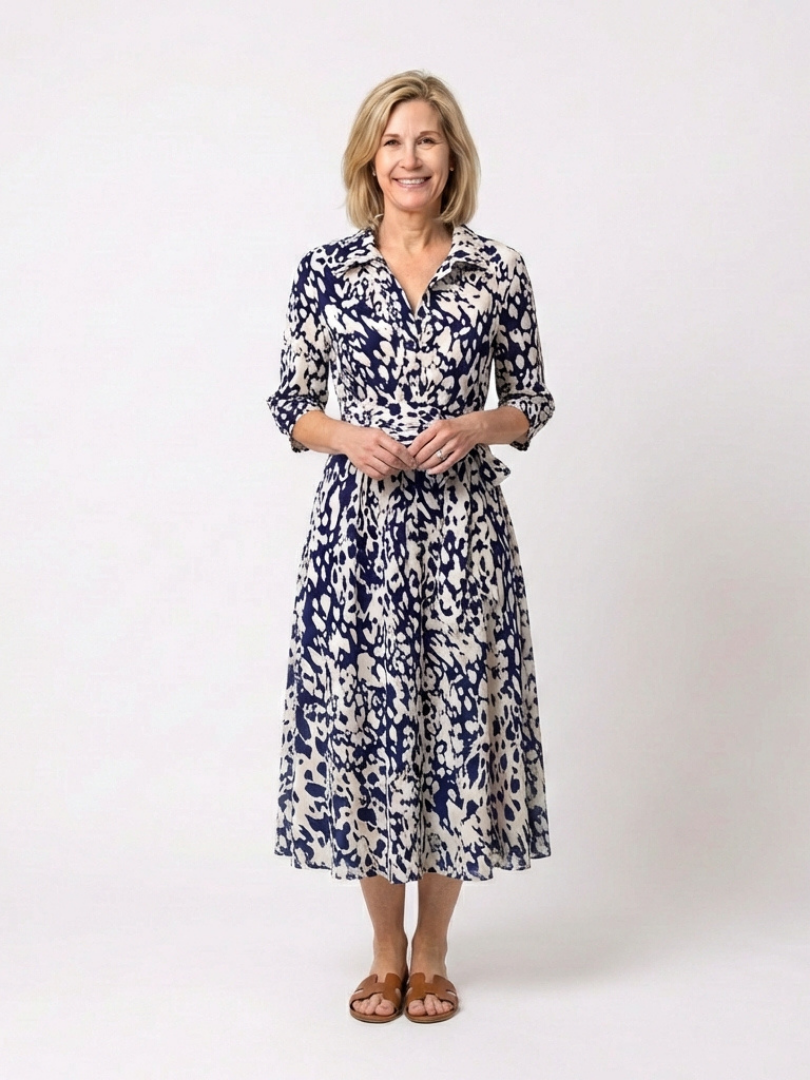 Oriana | Vestido midi de manga larga con cuello y lazo en la cintura
