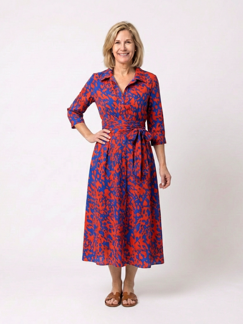 Oriana | Vestido midi de manga larga con cuello y lazo en la cintura