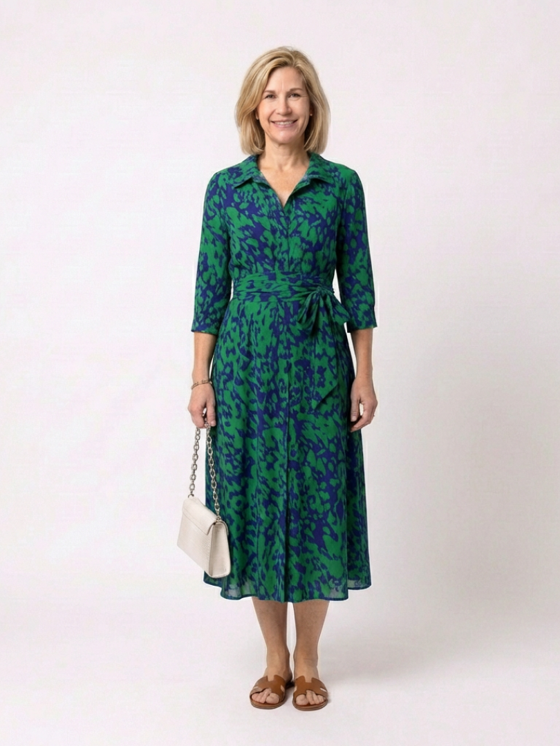 Oriana | Vestido midi de manga larga con cuello y lazo en la cintura