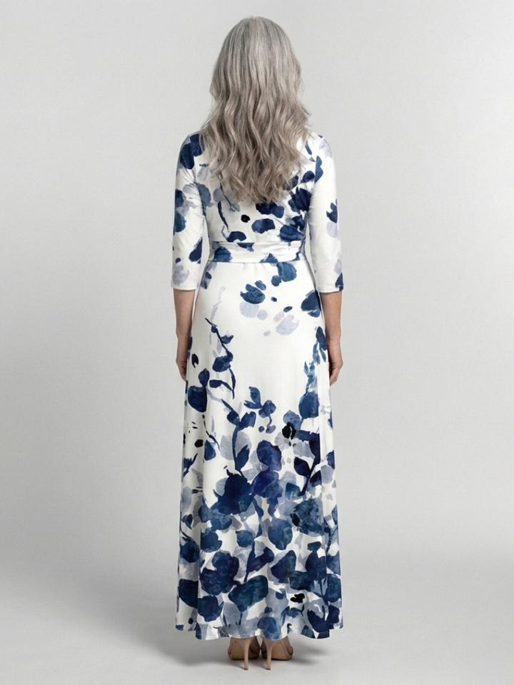 Eleanor | Vestido Maxi Floral con Manga Tres Cuartos y Escote en V