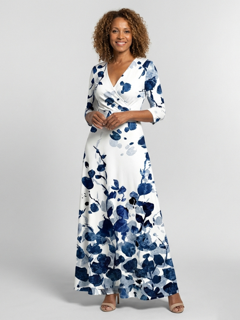 Eleanor | Vestido Maxi Floral con Manga Tres Cuartos y Escote en V