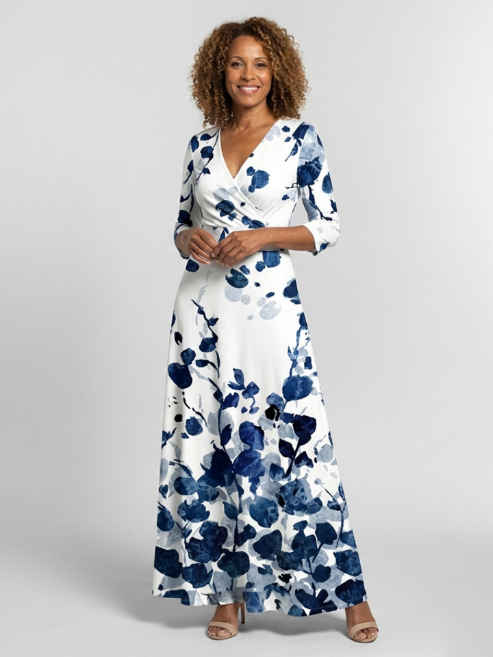 Eleanor | Vestido Maxi Floral con Manga Tres Cuartos y Escote en V