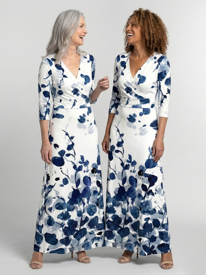Eleanor | Vestido Maxi Floral con Manga Tres Cuartos y Escote en V