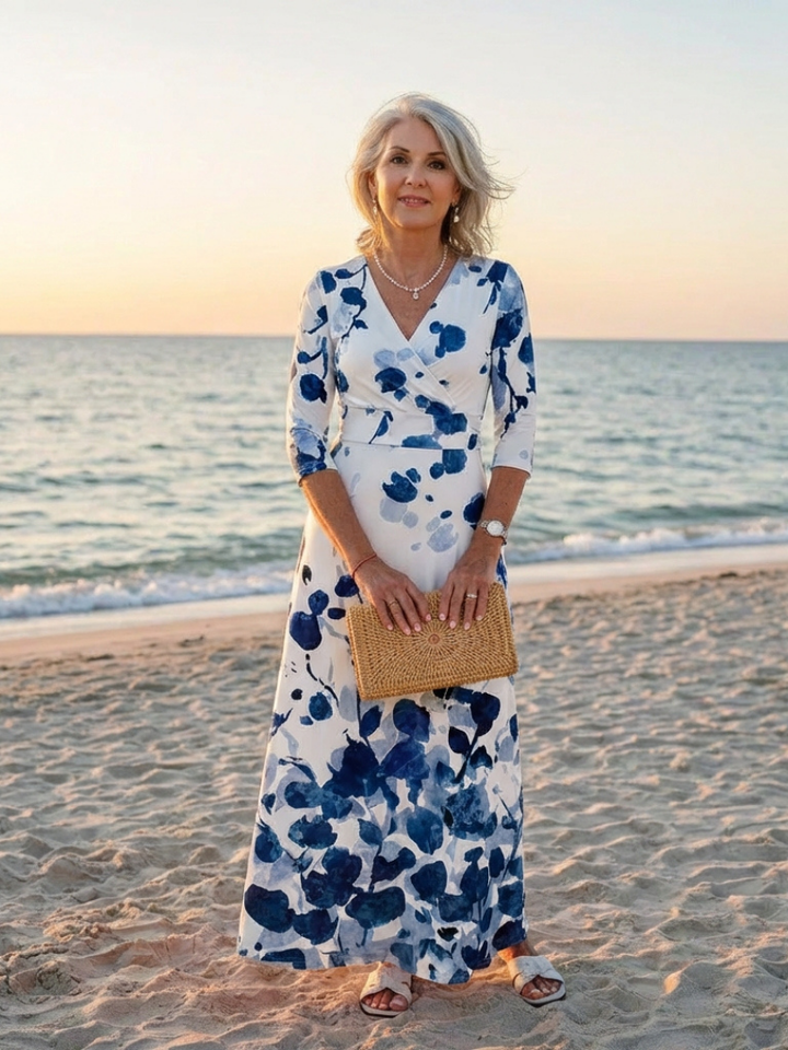 Eleanor | Vestido Maxi Floral con Manga Tres Cuartos y Escote en V