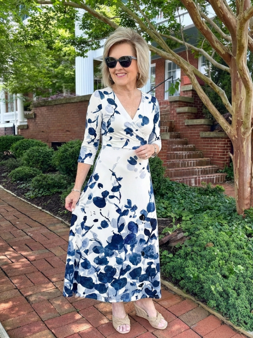Eleanor | Vestido Maxi Floral con Manga Tres Cuartos y Escote en V