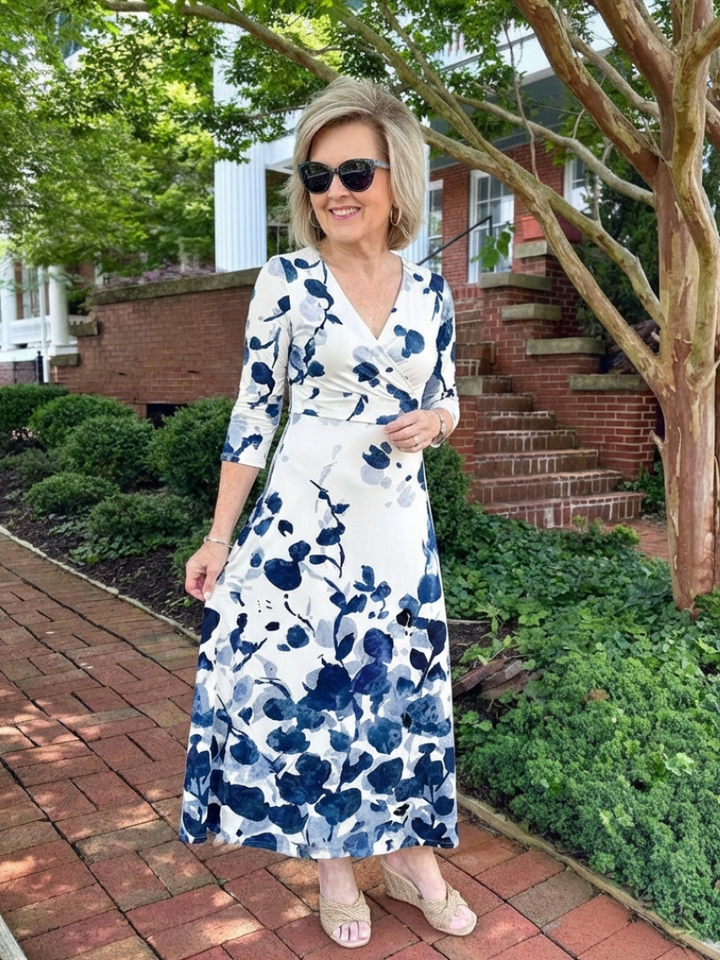 Eleanor | Vestido Maxi Floral con Manga Tres Cuartos y Escote en V