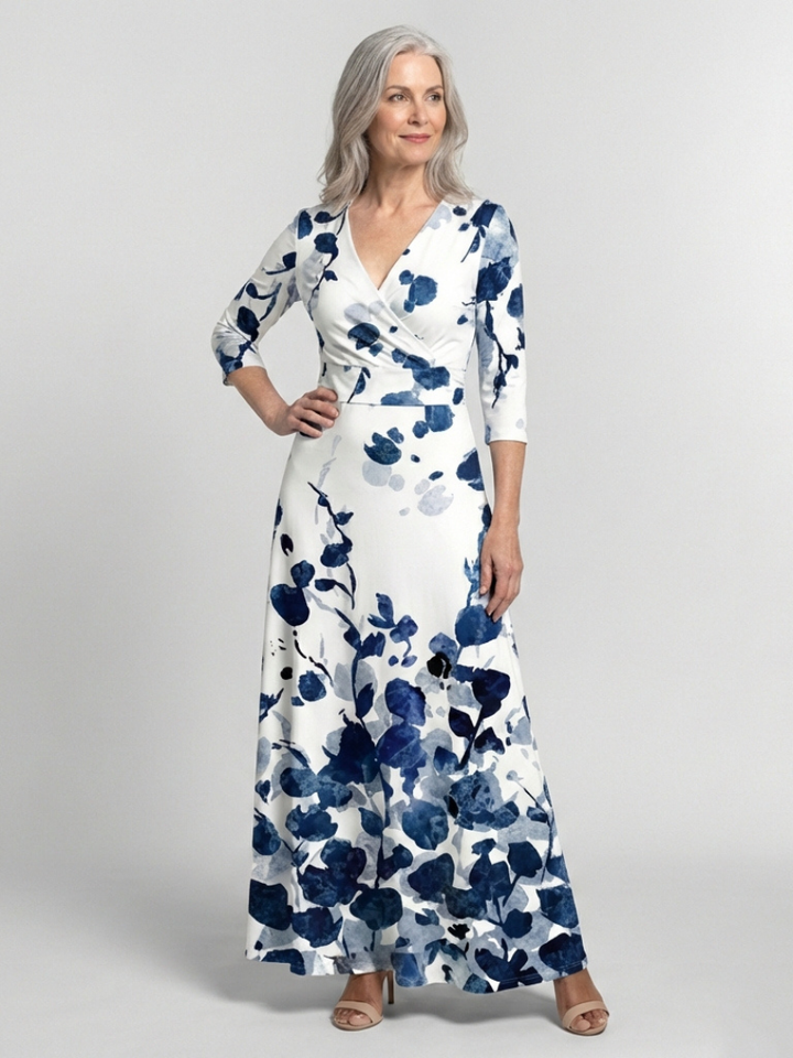 Eleanor | Vestido Maxi Floral con Manga Tres Cuartos y Escote en V