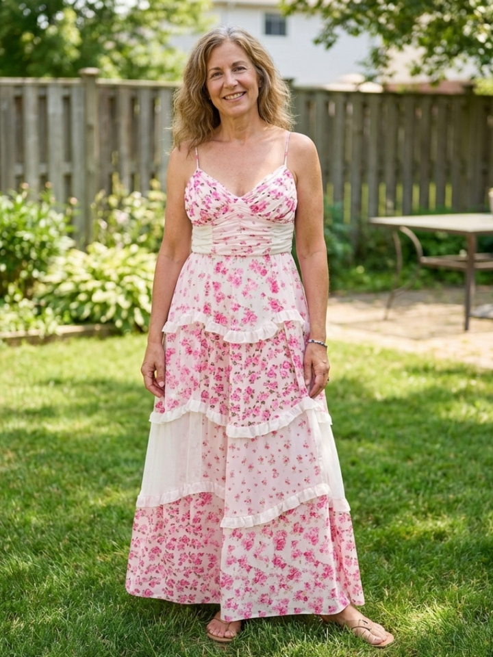 Linnea | Vestido Maxi Floral con Tirantes Finos y Cuerpo Fruncido