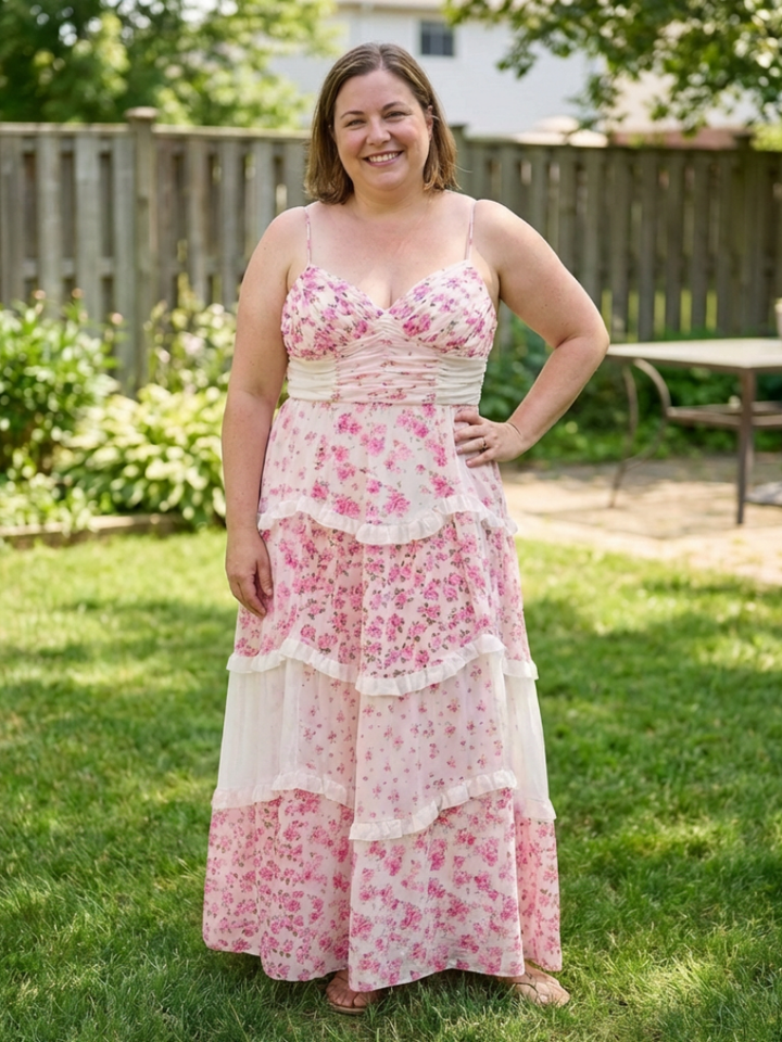 Linnea | Vestido Maxi Floral con Tirantes de Espagueti y Cuerpo Fruncido