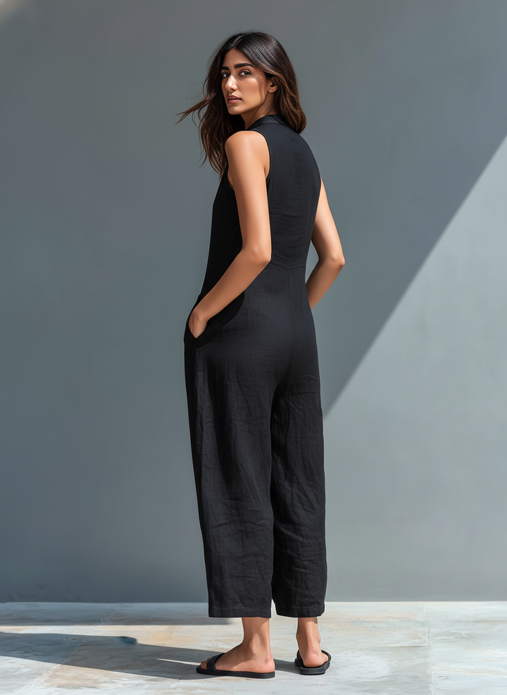 Eloïse ™ | Mono minimalista sin mangas para mujer en mezcla de lino con cuello alto y botonadura frontal