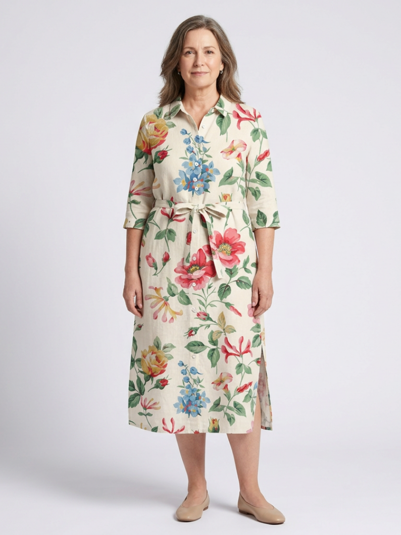Maribel | Vestido Midi Floral de Media Manga con Botones en el Frente