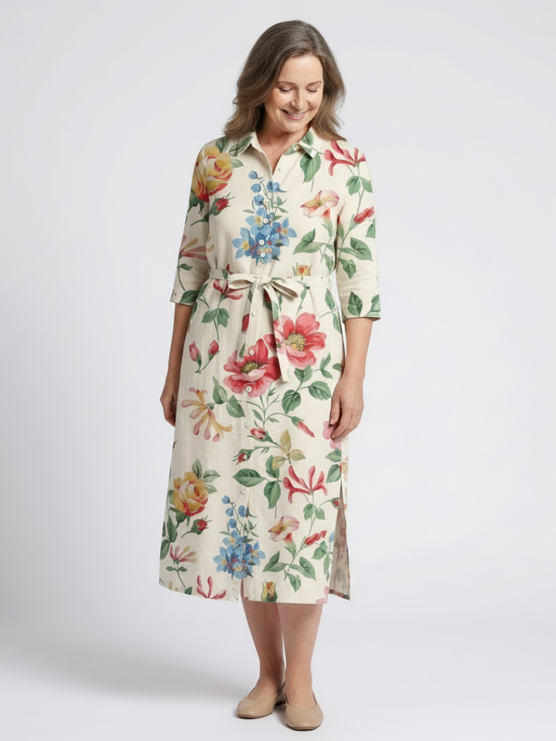 Maribel | Vestido Midi Floral de Media Manga con Botones en el Frente