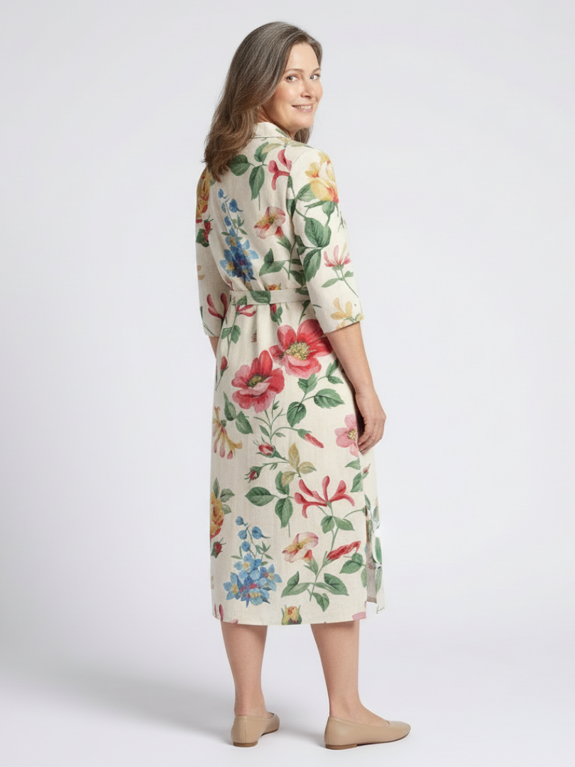 Maribel | Vestido Midi Floral de Media Manga con Botones en el Frente
