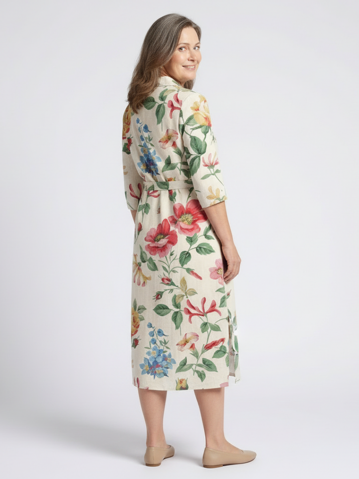 Maribel | Vestido Midi Floral de Media Manga con Botones en el Frente
