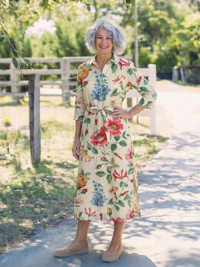 Maribel | Vestido Midi Floral de Media Manga con Botones en el Frente