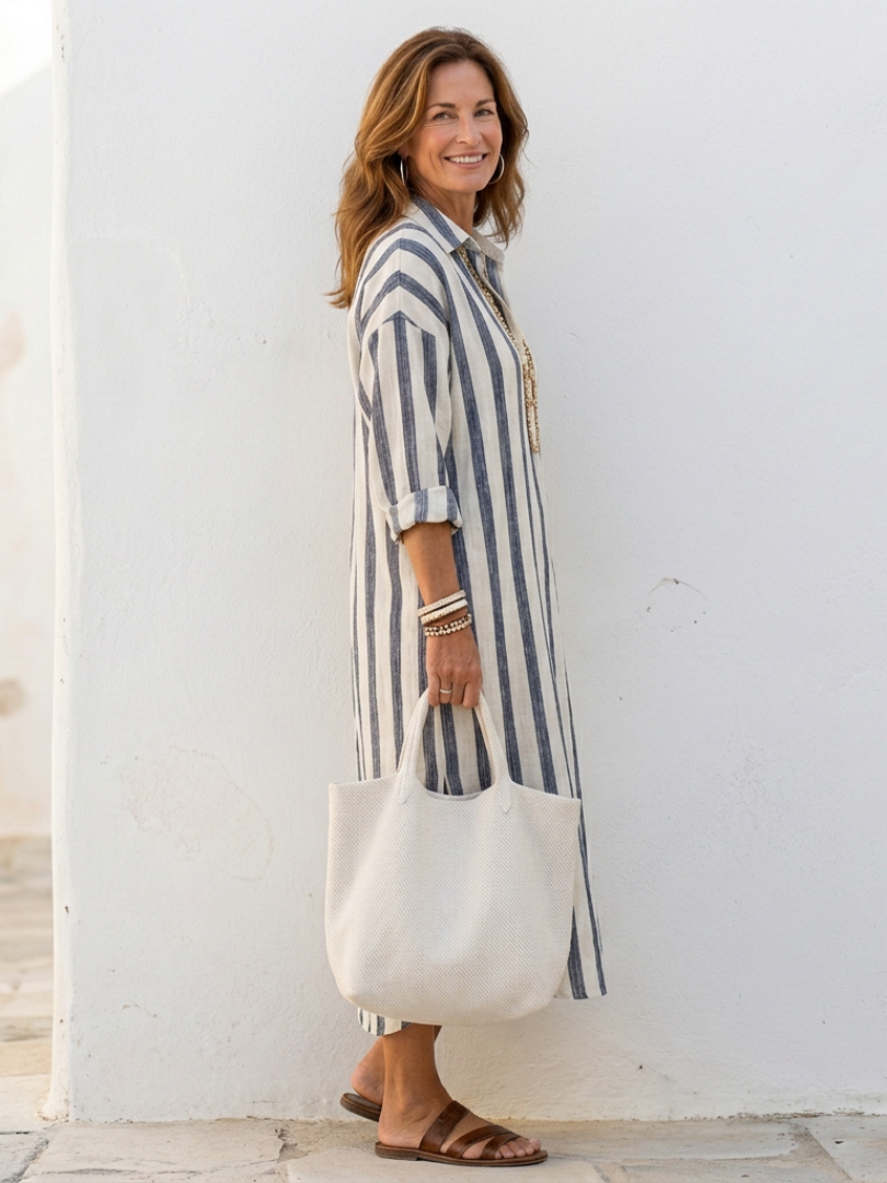 Naomi | Vestido Camisero Midi de Manga Larga a Rayas