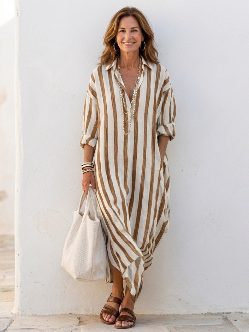 Noa | manga larga a rayas vestido camisero midi