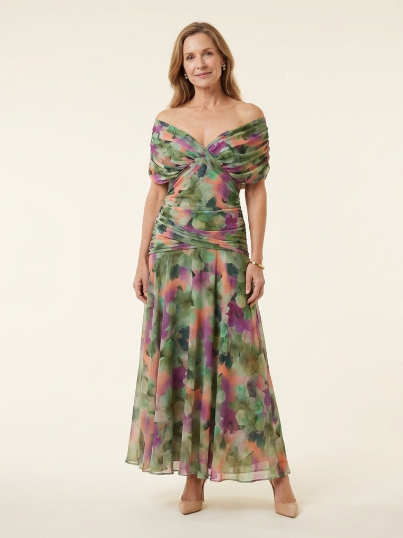 Maristelle | Vestido Midi con Hombros Descubiertos y Frente Torcido