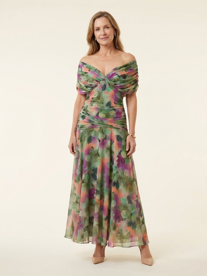 Maristelle | Vestido Midi con Hombros Descubiertos y Frente Torcido