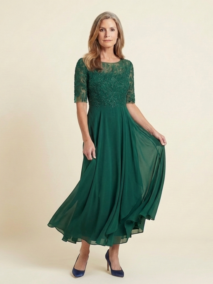 Vivian | Vestido Midi de Manga Tres Cuartos con Cuerpo de Encaje