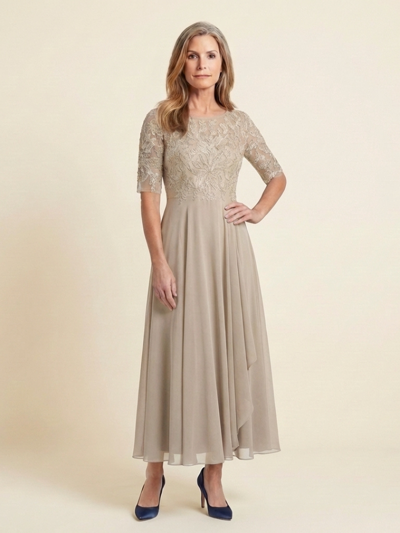 Vivian | Vestido Midi de Manga Tres Cuartos con Cuerpo de Encaje