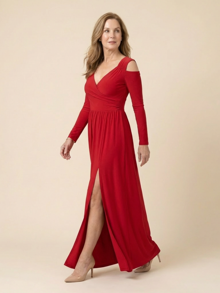 Althea | Vestido Maxi de Manga Larga con Escote en V y Abertura