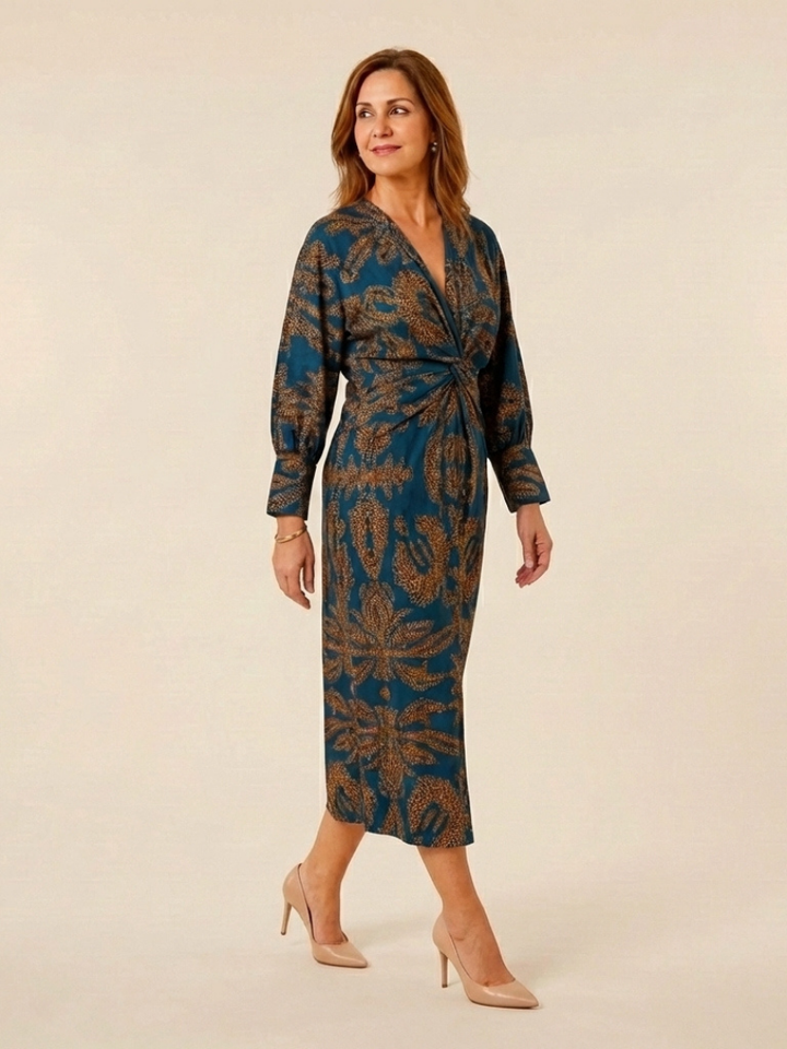 Corinna | Vestido midi de manga larga con escote en V y detalle torcido en el frente