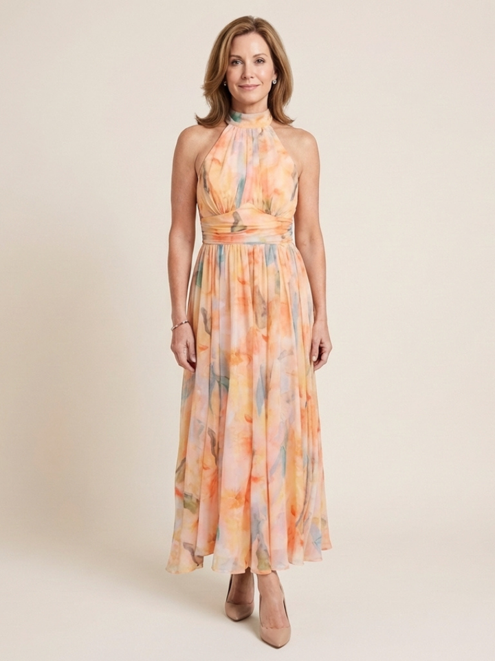 Elara | Vestido Midi sin Mangas con Cuello Alto y Cintura Fruncida