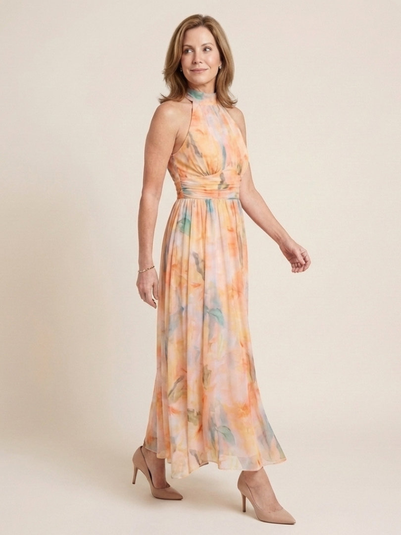 Elara | Vestido Midi sin Mangas con Cuello Alto y Cintura Fruncida