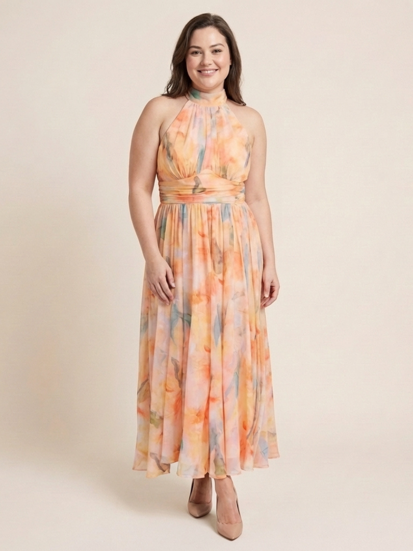 Elara | Vestido Midi sin Mangas con Cuello Alto y Cintura Fruncida