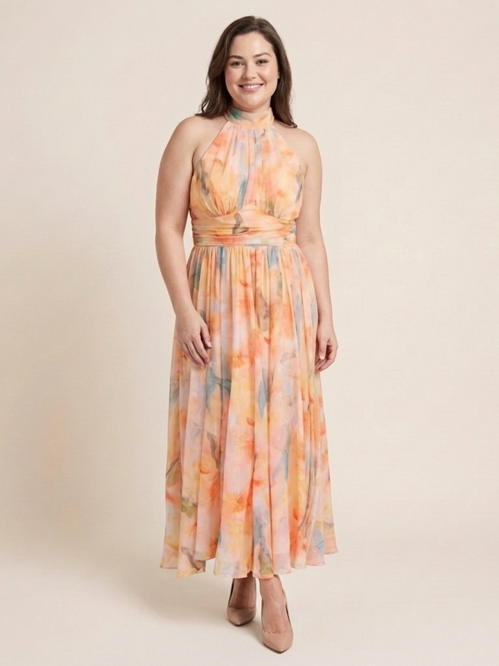 Elara | Vestido Midi sin Mangas con Cuello Alto y Cintura Fruncida