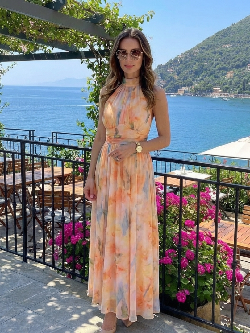 Elara | Vestido Midi sin Mangas con Cuello Alto y Cintura Fruncida