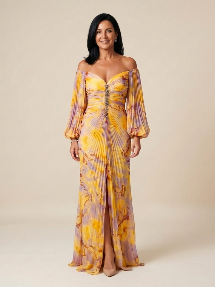 Eulalie | Vestido Maxi de Manga Larga con Hombros Descubiertos y Pliegues