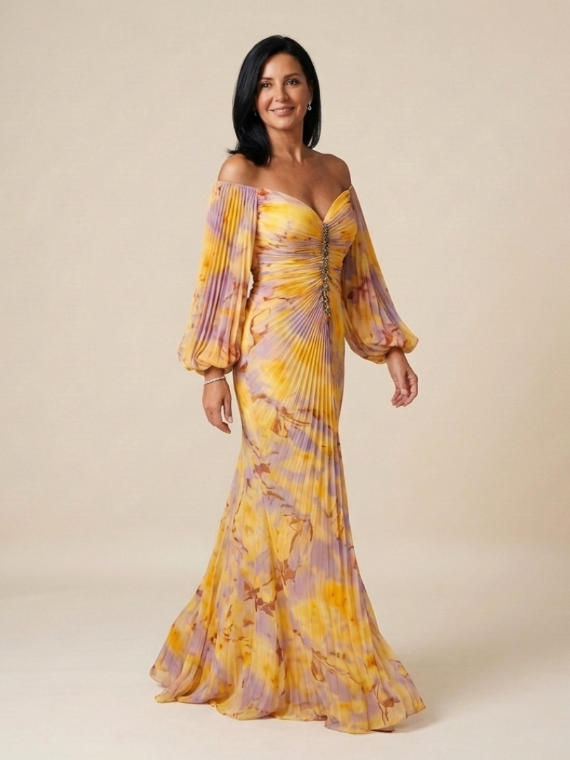 Eulalie | Vestido Maxi de Manga Larga con Hombros Descubiertos y Pliegues
