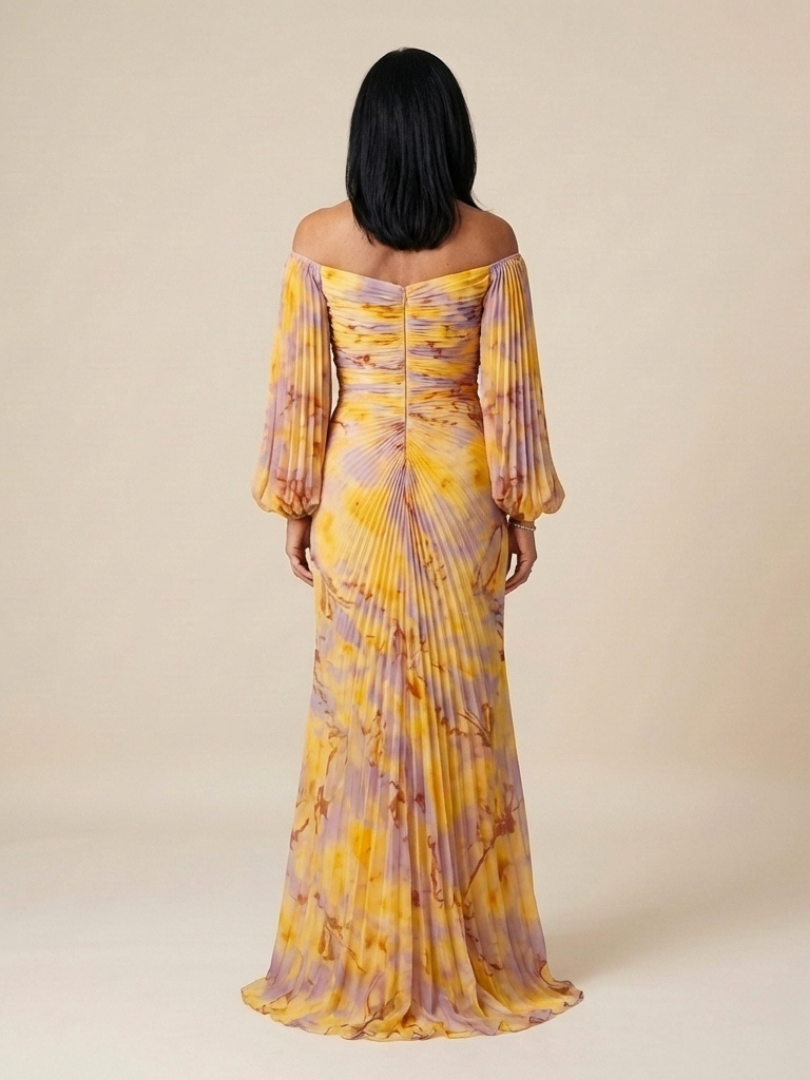 Eulalie | Vestido Maxi de Manga Larga con Hombros Descubiertos y Pliegues