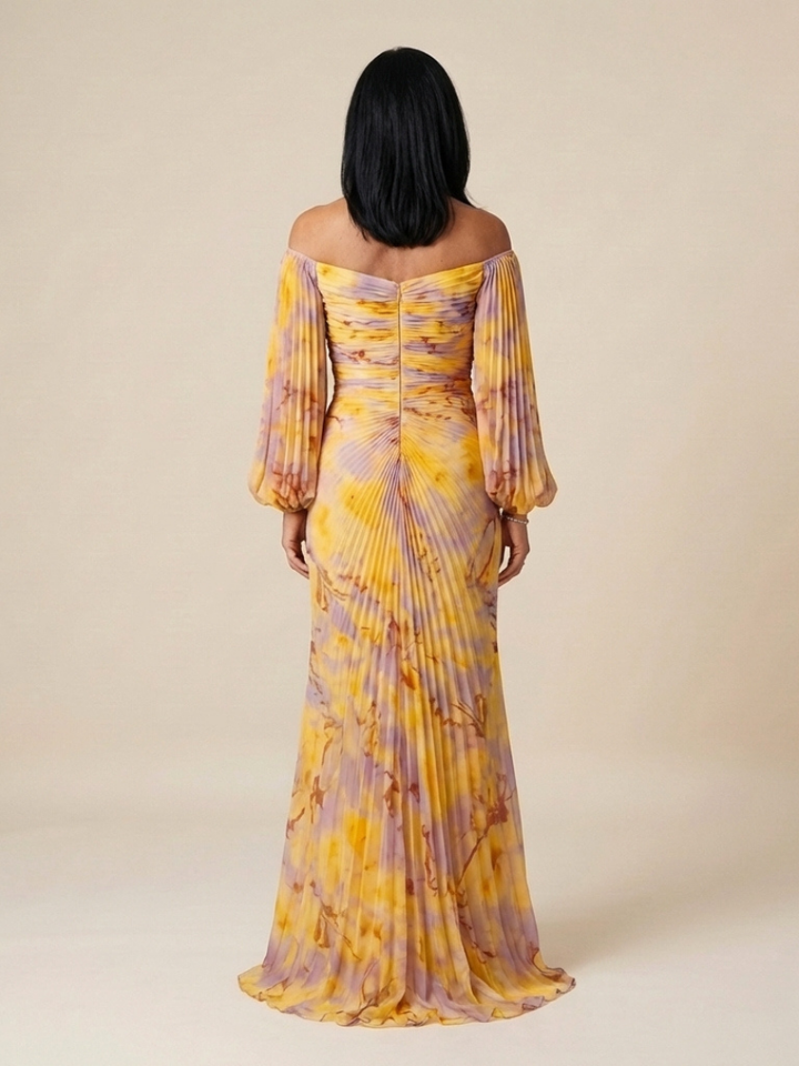 Eulalie | Vestido Maxi de Manga Larga con Hombros Descubiertos y Pliegues