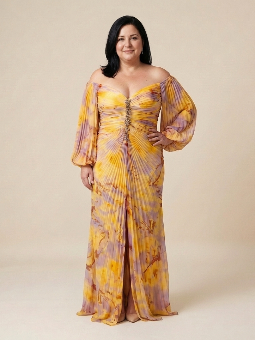 Eulalie | Vestido Maxi de Manga Larga con Hombros Descubiertos y Pliegues