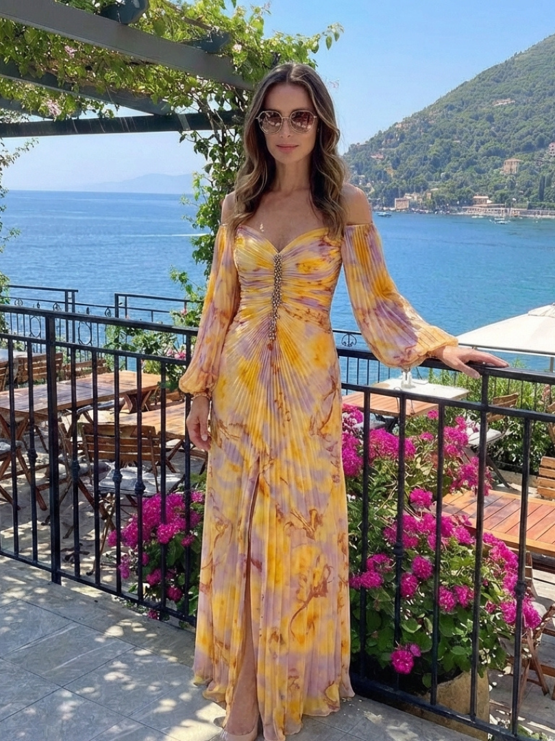 Eulalie | Vestido Maxi de Manga Larga con Hombros Descubiertos y Pliegues