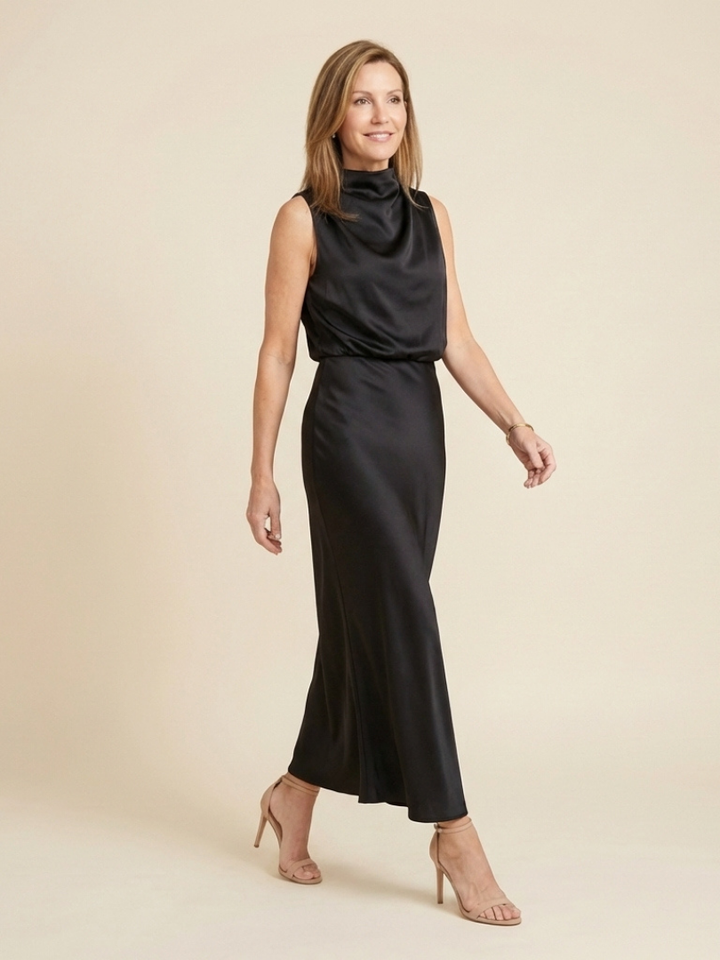 Olivienne | Vestido Midi Sin Mangas con Cuello Alto Drapado