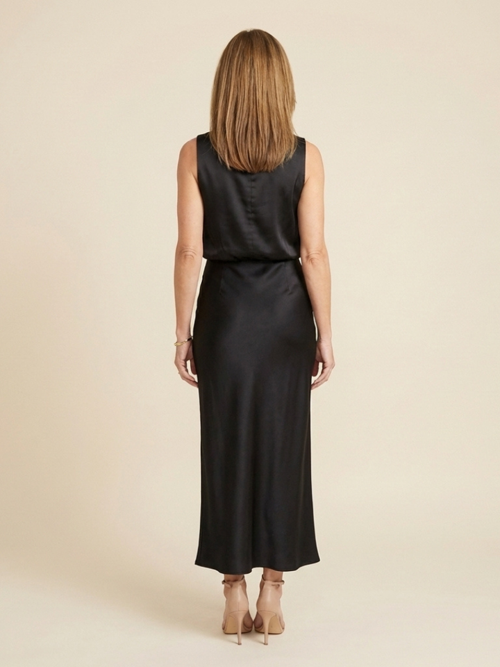 Olivienne | Vestido Midi Sin Mangas con Cuello Alto Drapado