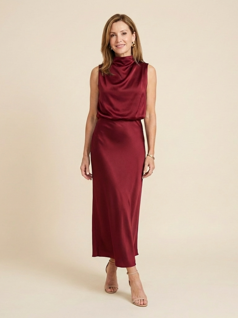 Olivienne | Vestido Midi Sin Mangas con Cuello Alto Drapado