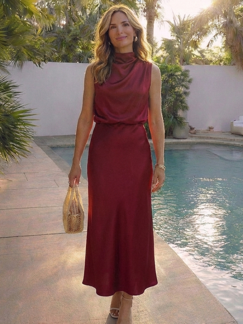 Olivienne | Vestido Midi Sin Mangas con Cuello Alto Drapado