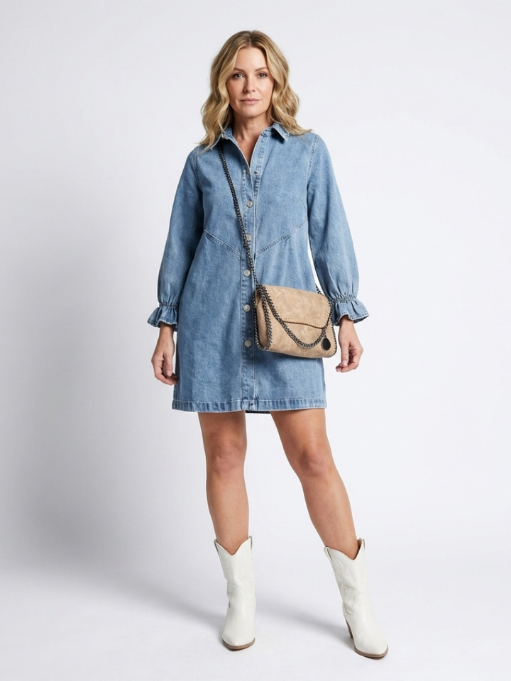 Sabine | Vestido de Camisa de Denim con Manga Larga y Botones