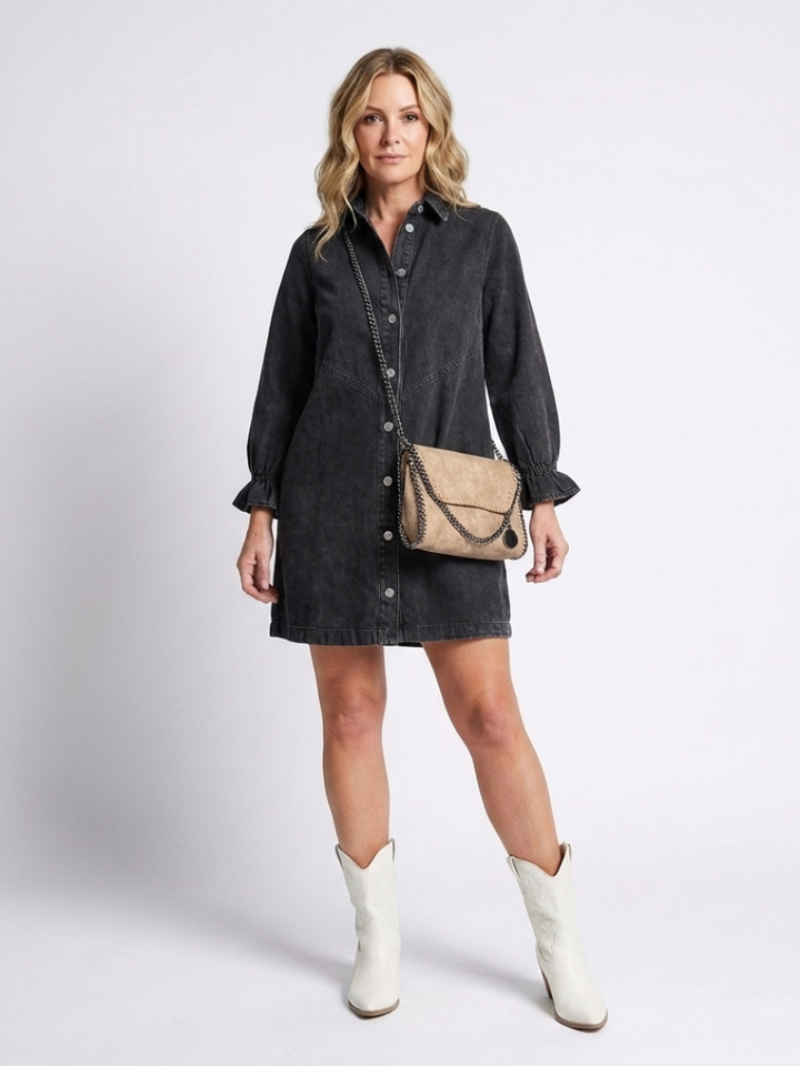 Sabine | Vestido de Camisa de Denim con Manga Larga y Botones