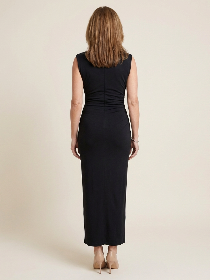 Sabine | Vestido Midi Sin Mangas con Cuello Alto Drapado