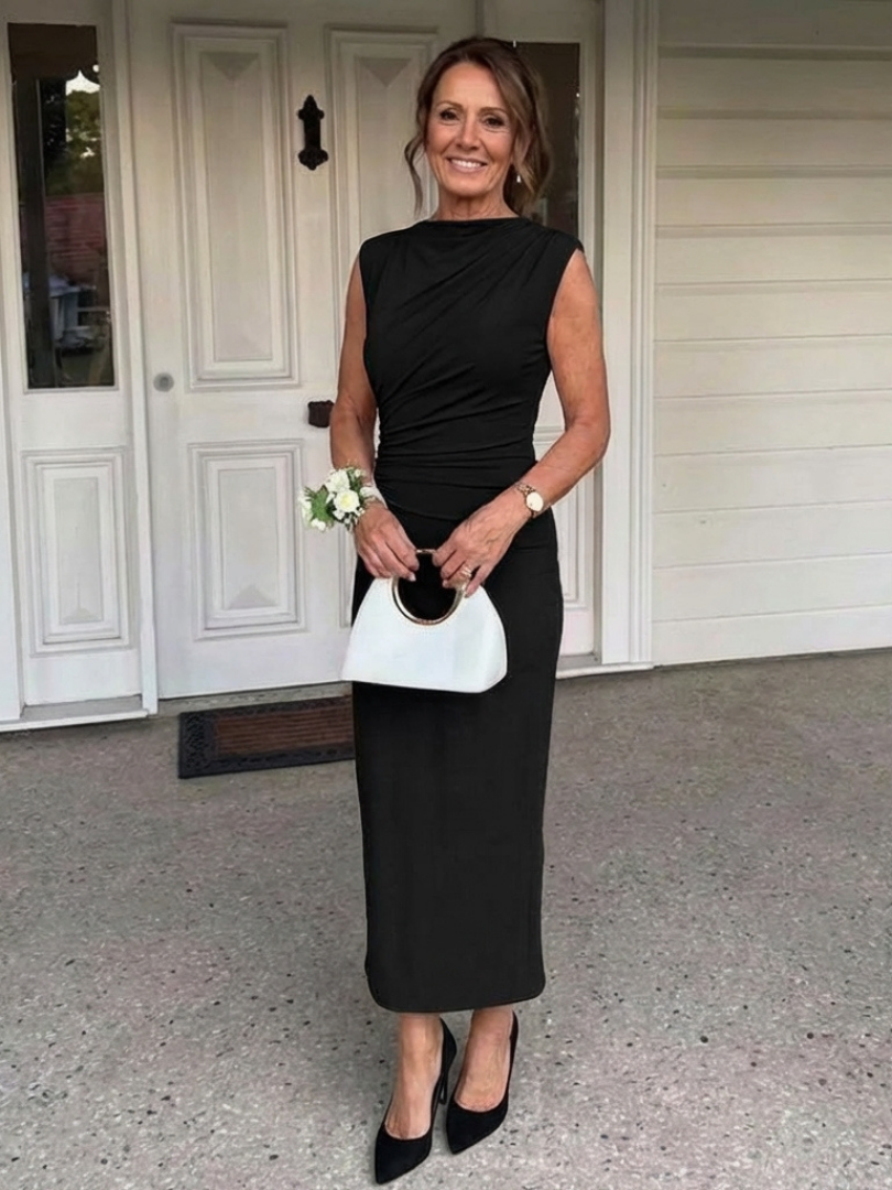 Sabine | Vestido Midi Sin Mangas con Cuello Alto Drapado