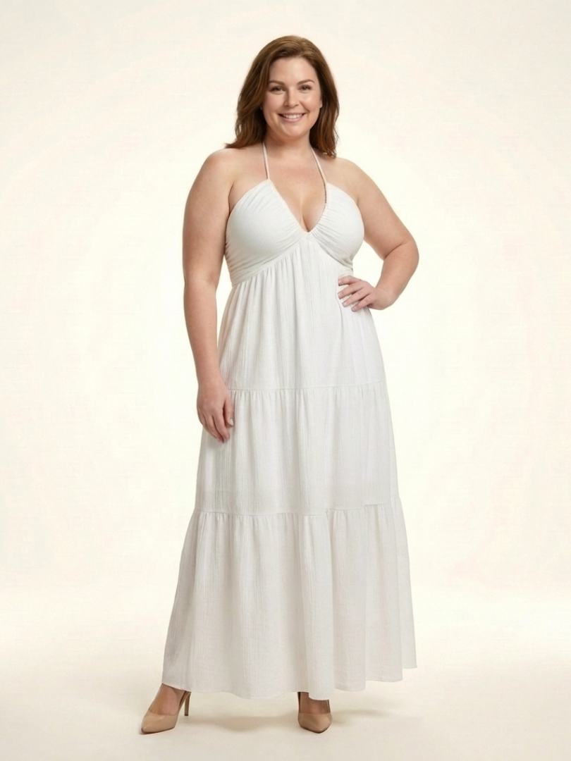 Solenne | Vestido largo de escote halter con cuerpo fruncido y volantes