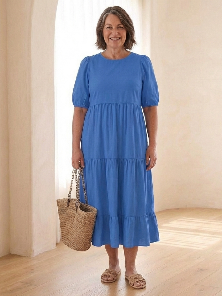 Brina | Vestido midi de cuello redondo con mangas abullonadas y volantes