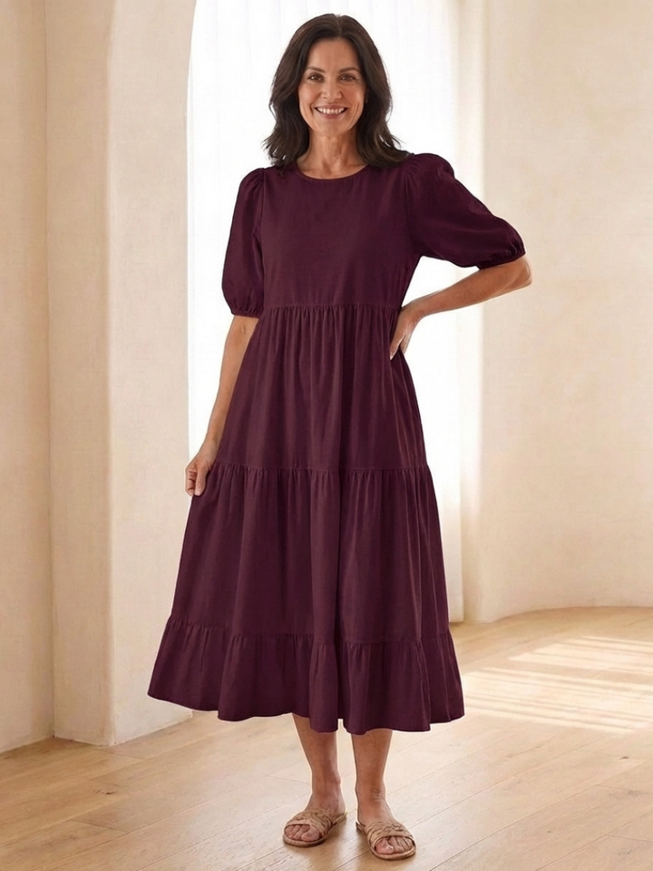 Brina | Vestido midi de cuello redondo con mangas abullonadas y volantes